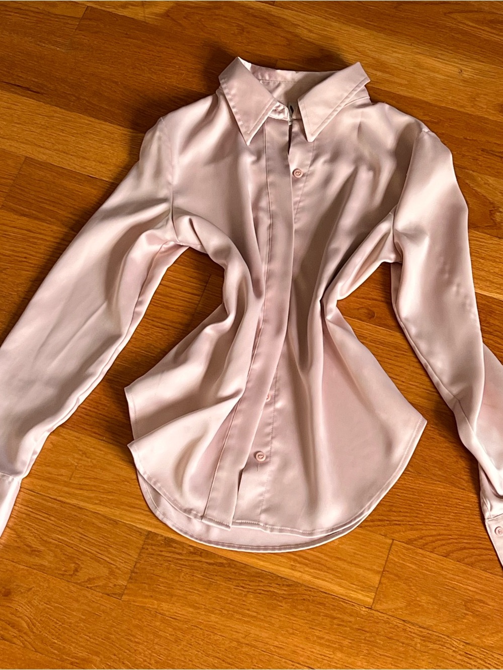 Soft Pink Satin Button-Up Blouse